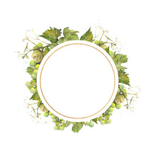 Round Golden Frame With A Bunch Of Green Grapes Drawn In Watercolor With Space For Text
