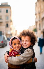 arab and jewish children embracing in a hug of peace, smiles on refugee faces. friendship amid confl