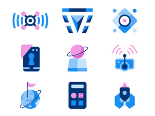 outer space color icon set with flat style, simple vector icons for design