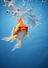 A goldfish is just jumping from a fishbowl and looking back the water splashing with blue background created with Generative Ai