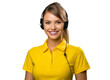 © Omid - portrait of a young woman customer service representative wearing headphones in yellow clothes with a gentle smile, providing excellent support and assistance