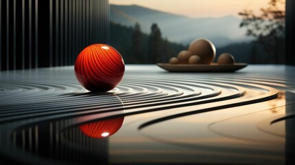 Wall Mural - AI generated illustration of a close up of a single red ball atop a reflective surface