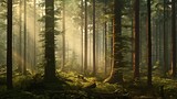 Fototapeta Krajobraz - A serene forest scene with sunlight filtering through tall trees, creating captivating patterns