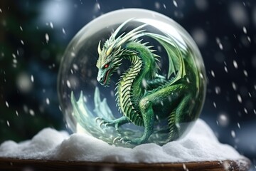 Poster - A snow globe featuring a green dragon inside. Perfect for adding a touch of whimsy to your home decor or as a unique gift for dragon enthusiasts.