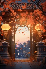 Poster - A picture of a gate with lanterns in the middle. This image can be used to depict entrances, pathways, or to create a sense of mystery and intrigue.