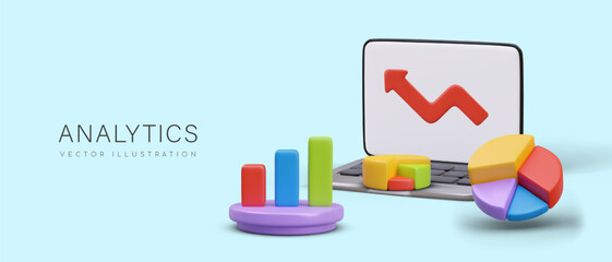 Fototapete - 3d realistic laptop, histogram, pie chart and red arrow. Concept of business elements with shadow, business and analytics. Vector illustration in 3d style and place for text