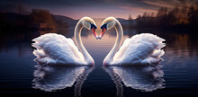 A picture of two swans in the pond, at night.