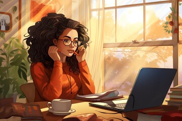 Wall Mural - diverse woman working from home on laptop