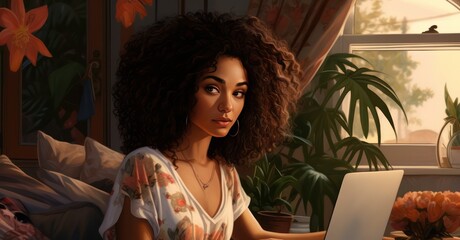 Wall Mural - diverse woman working from home on laptop