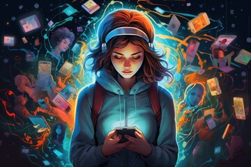 young person with mobile phone. Doomscrolling, addiction to using social media and technology.