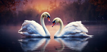 A Picture Of Two Loving White Swans In The Center Of The Lake.