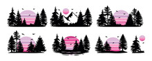 Forest Silhouette And Pink Sun Vector Set