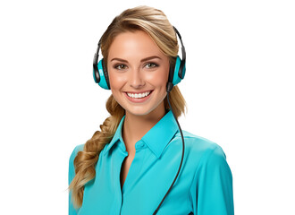 Wall Mural - portrait of a young woman customer service representative wearing headphones in cyan blue clothes with a gentle smile, providing support and assistance in call center