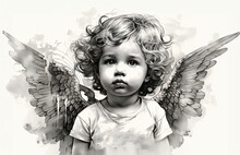 A Black And White Drawing Of A Cute Angel, In The Style Of Vintage Poster Design, Baroque Vintage.