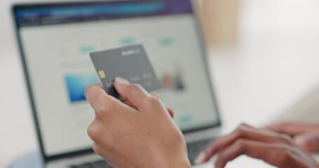 Online shopping, credit card and hands on laptop screen for ecommerce website scroll, easy payment tech and finance wealth. E-commerce, digital retail store and web design ux for safe pc fintech app