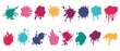 Paint stains. Colorful splash, splat drops, color ink drip, liquid brush splatter, blot or spray blotch. Different shapes silhouettes with flowing drop. Abstract graffiti. Vector cartoon symbols