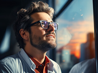 Feeling optimistic, a programmer sits at a desk in the office, enjoying the view of a beautiful bright day through the window.