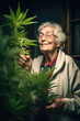 adorable grandmother with a cannabis plant in her home garden