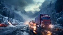 Winter Truck And Car Drives On A Road Through Cloudy Landscapes In A Snowstorm