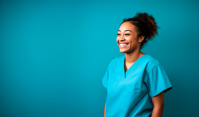 Wall Mural - Nurse or healthcare professional looking happy and smiling. Colored woman wearing scrubs nurse uniform. Shallow field of view with copy space.