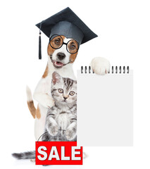 Poster - Smart Jack russell terrier puppy wearing graduation hat and eyeglasses hugs tabby kitten and shows empty list. Cat shows signboard with labeled 