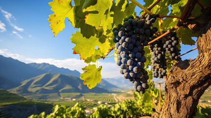 Wall Mural - A large bunch of ripe blue grapes on the vine, with blurred mountains on background. Generative AI