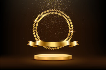 Wall Mural - gold award round podium with circle laurel wreath, ribbon, shiny glitter and sparkles isolated on da