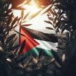 Photo of the Palestinian flag taken from behind peace laurel leaves