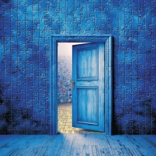A Blue Wall With An Open Door. A Wall Made Of A Lot Of Puzzle Pieces. World Autism Awareness Day
