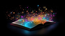 A Book On A Black Background With Glowing Pages. The Book Has Shiny Pages. Children's Literature. Books About Magic