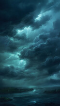 Black Dark Greenish Blue Dramatic Night Sky. Gloomy Ominous Storm Rain Clouds Background. Cloudy Thunderstorm Hurricane Wind Lightning. Epic Fantasy Mystic. Or Creepy Spooky Nightmare Horror Concept