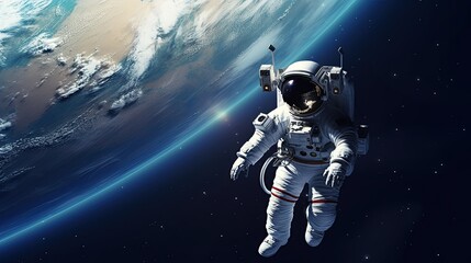 Poster - Astronaut in space blue and green earth atmosphare on the background, astraunaut flying on space
