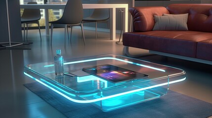 Poster - Glowing digital modern living room interior. VR smart home connected to the internet, with advanced digital technology, A holographic digital technology interface visible in the tablet's display