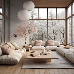 Wall Mural - harmonic interior with huge windows creating a warm and light atmosphere. Japanese styled interior. 