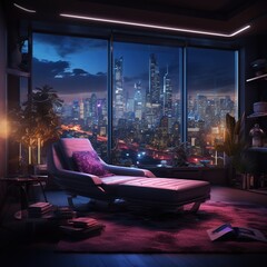 Poster - Glowing cyberpunk room with VR technology, neon lighting room decoration and window view cyberpunk city