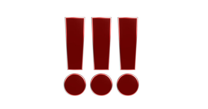 drei rote exklusive plakative 3D-Ausrufezeichen, Achtung Zeichen, Schrift, 3D, exklusiv, metallisch, edel, Security, Achtung, Warnung, Abmahnung, Hinweis, Rendering, Freisteller, Alphakanal
