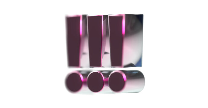 drei violette exklusive plakative 3D-Ausrufezeichen, Achtung Zeichen, Schrift,  metallisch, edel, Security, Achtung, Warnung, Abmahnung, Hinweis, Rendering, Freisteller, Alphakanal
