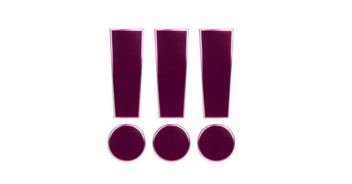 drei violette exklusive plakative 3D-Ausrufezeichen, Achtung Zeichen, Schrift,  metallisch, edel, Security, Achtung, Warnung, Abmahnung, Hinweis, Rendering, Freisteller, Alphakanal
