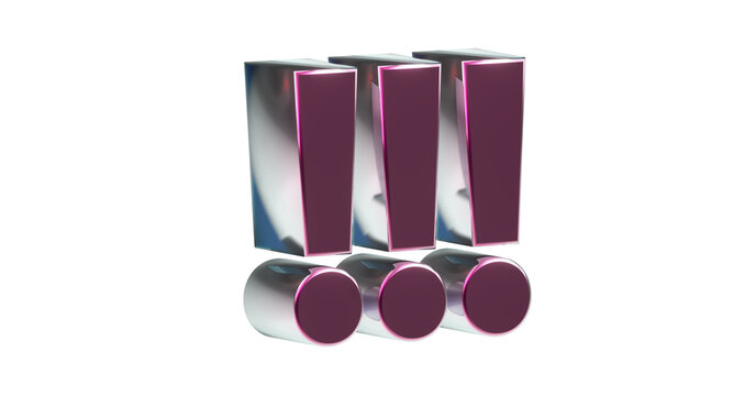 drei violette exklusive plakative 3D-Ausrufezeichen, Achtung Zeichen, Schrift,  metallisch, edel, Security, Achtung, Warnung, Abmahnung, Hinweis, Rendering, Freisteller, Alphakanal