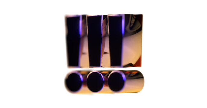 drei gold blaue exklusive plakative 3D-Ausrufezeichen, Achtung Zeichen, Schrift,  metallisch, edel, Security, Achtung, Warnung, Abmahnung, Hinweis, Rendering, Freisteller, Alphakanal
