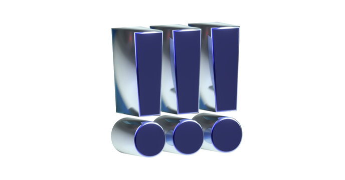 drei blaue exklusive plakative 3D-Ausrufezeichen, Achtung Zeichen, Schrift,  metallisch, edel, Security, Achtung, Warnung, Abmahnung, Hinweis, Rendering, Freisteller, Alphakanal