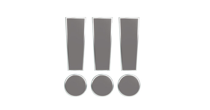 drei silberne exklusive plakative 3D-Ausrufezeichen, Achtung Zeichen, Schrift,  metallisch, edel, Security, Achtung, Warnung, Abmahnung, Hinweis, Rendering, Freisteller, Alphakanal
