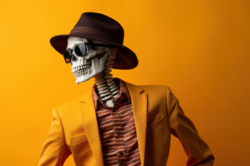 Wall Mural - Stylish human skeleton model posing in trendy clothes, glasses and hat. Fashionable skeleton dressed in yellow golden attire against a yellow gradient background, with copy space. Close-up.