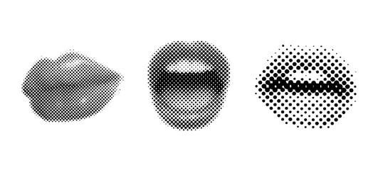 Set of Halftone Female mouths in different poses. Dots texture. Contemporary style
