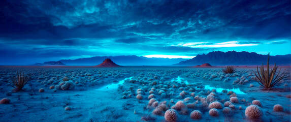 Wall Mural - Wide-angle panorama of a twilight landscape on an alien planet with bioluminescent vegetation against a backdrop of mountains and a beautiful sky.