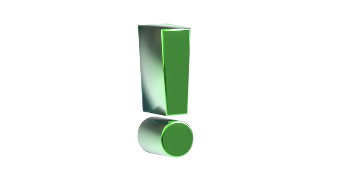 grünes exklusives plakatives 3D-Ausrufezeichen, Achtung Zeichen, Schrift, 3D, exklusiv, metallisch, edel, Security, Achtung, Warnung, Abmahnung, Hinweis, Rendering, Freisteller, Alphakanal
