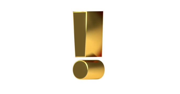 goldenes exklusives plakatives 3D-Ausrufezeichen, Achtung Zeichen, Schrift, 3D, exklusiv, metallisch, edel, Security, Achtung, Warnung, Abmahnung, Hinweis, Rendering, Freisteller, Alphakanal
