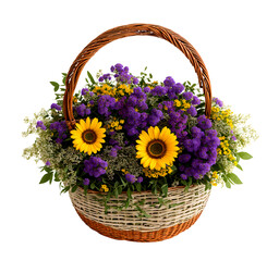 A bouquet of luxurious flowers in a basket on a white background. Flowers