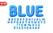 Blue Font realistic 3d design. Complete alphabet and numbers from 0 to 9. Collection Glossy letters in cartoon style. Fonts voluminous inflated from balloon. Vector illustration