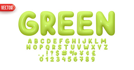 Poster - Font realistic 3d design, green colors. Complete alphabet and numbers from 0 to 9. Collection Glossy letters in cartoon style. Fonts voluminous inflated from balloon. Vector illustration